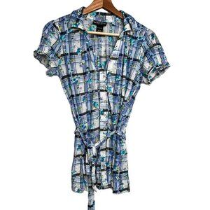 Self Esteem Womens Size Medium Blue Plaid Short Sleeve Button Up Blouse Tie UP